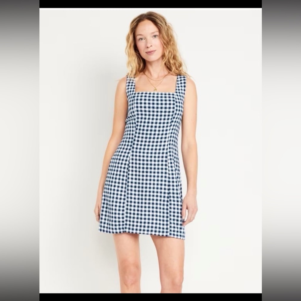 Old Navy blue white gingham linen blend dress Summer NWT XL spring easter vacay